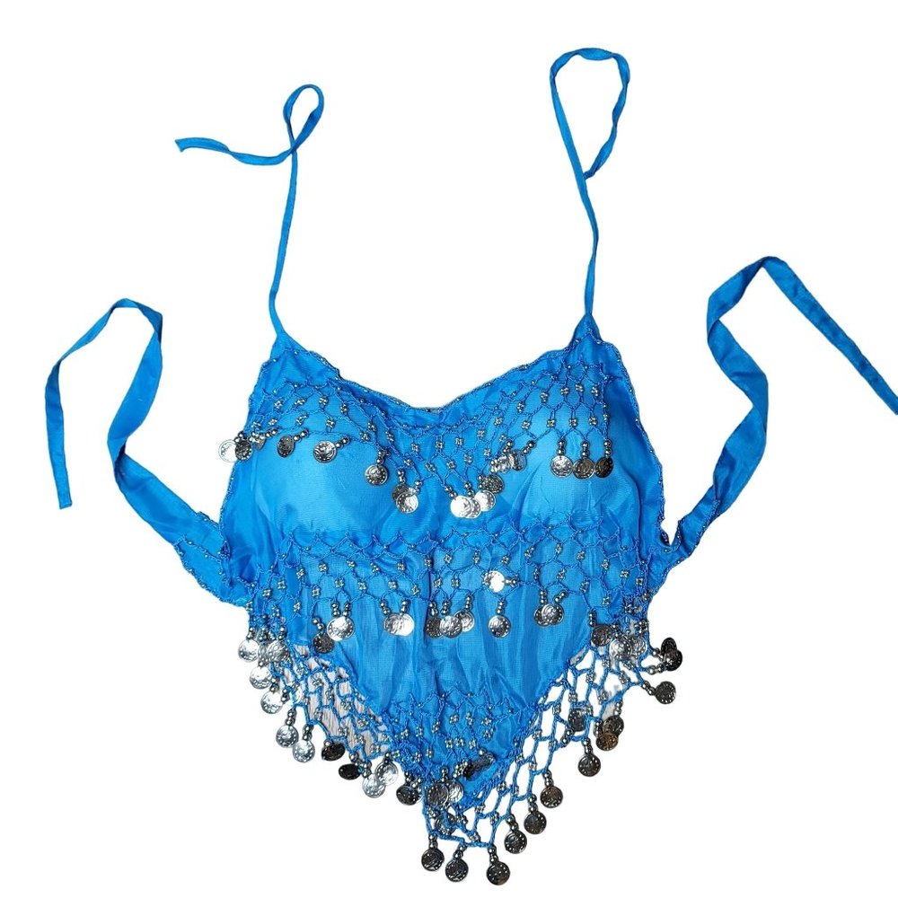 Blue polyester belly dancing top Foam cup bust Dangling silver coins beads blue